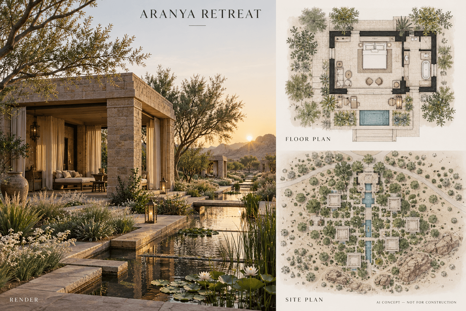 AI concept board for Aranya Retreat: an additional architectural render, an illustrative floor or pavilion layout, and a conceptual site plan. Not for construction.