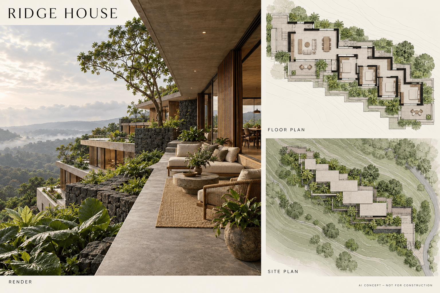 AI concept board for Ridge House: an additional architectural render, an illustrative floor or pavilion layout, and a conceptual site plan. Not for construction.