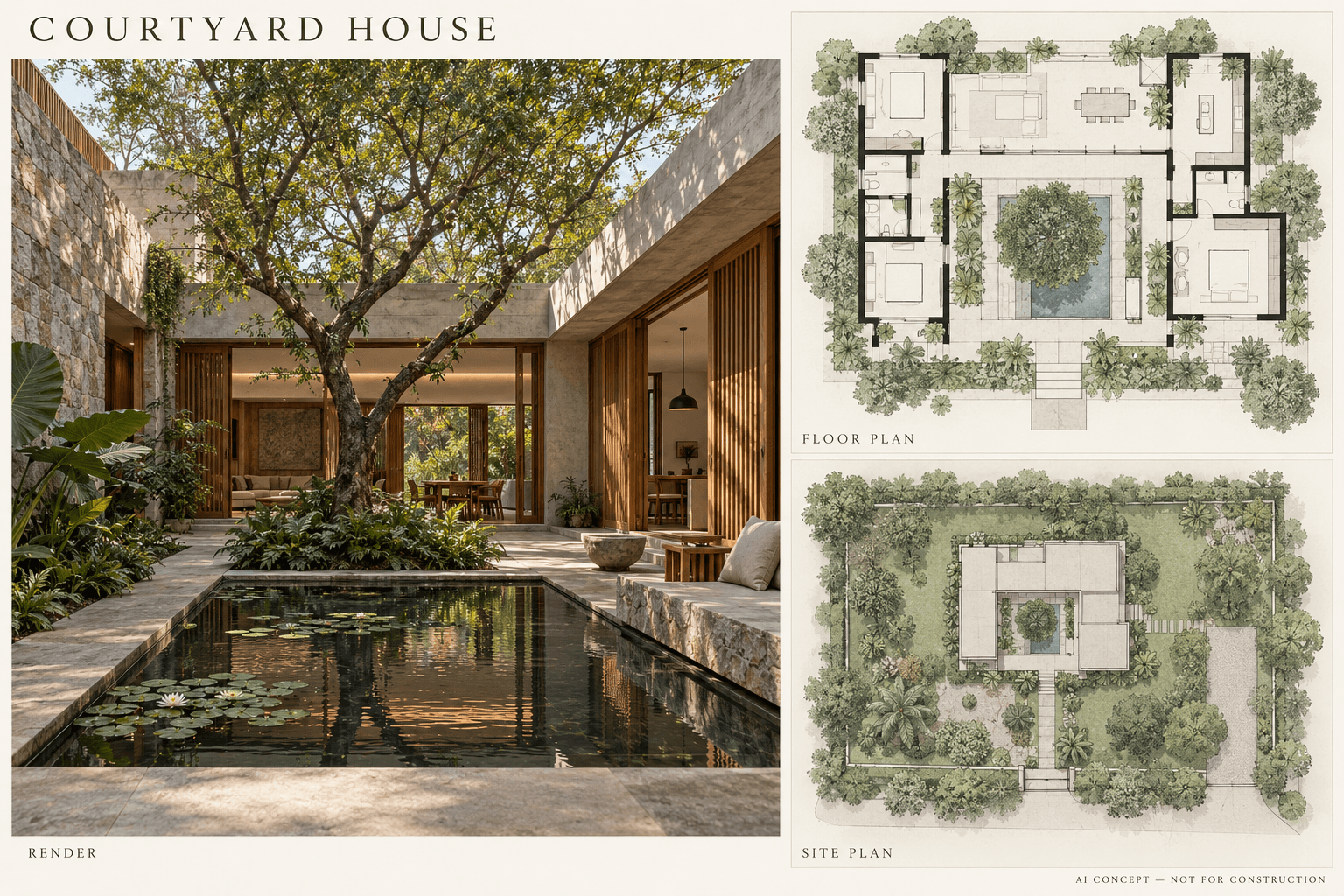 AI concept board for Courtyard House: an additional architectural render, an illustrative floor or pavilion layout, and a conceptual site plan. Not for construction.