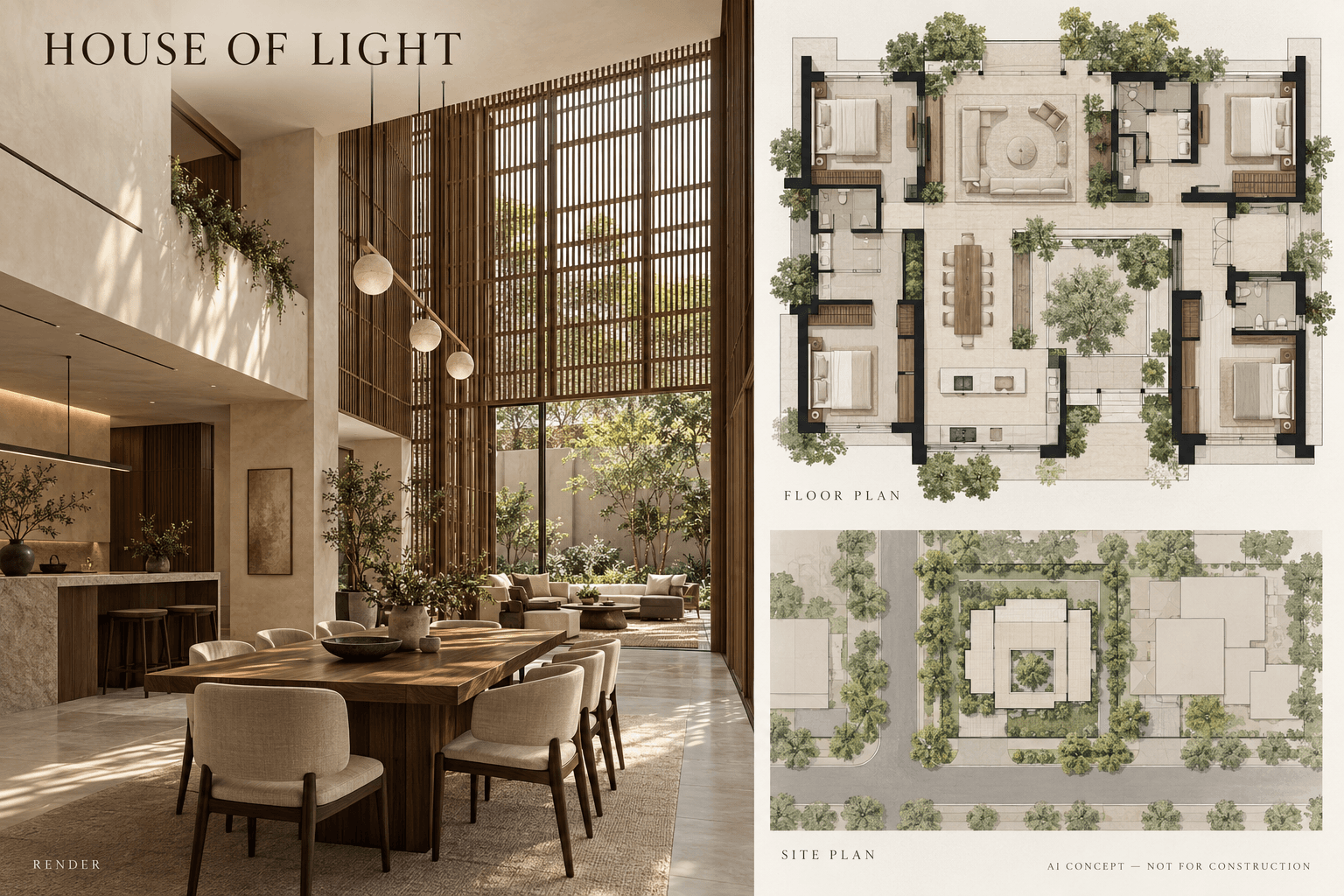 AI concept board for House of Light: an additional architectural render, an illustrative floor or pavilion layout, and a conceptual site plan. Not for construction.