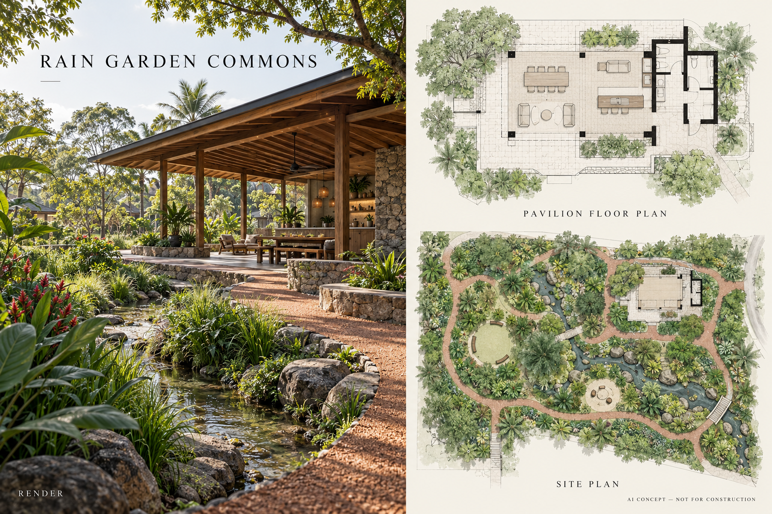 AI concept board for Rain Garden Commons: an additional architectural render, an illustrative floor or pavilion layout, and a conceptual site plan. Not for construction.
