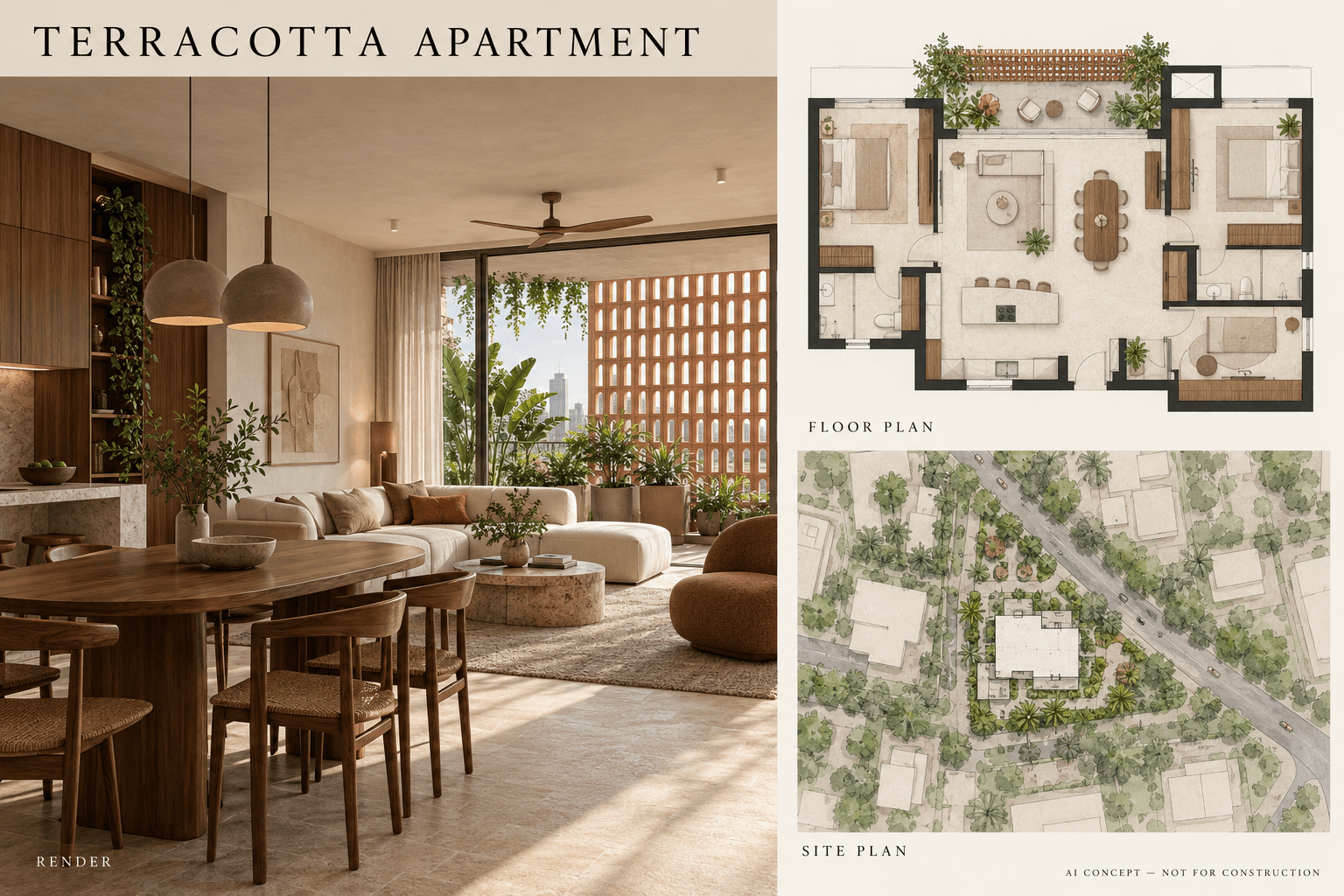 AI concept board for Terracotta Apartment: an additional architectural render, an illustrative floor or pavilion layout, and a conceptual site plan. Not for construction.